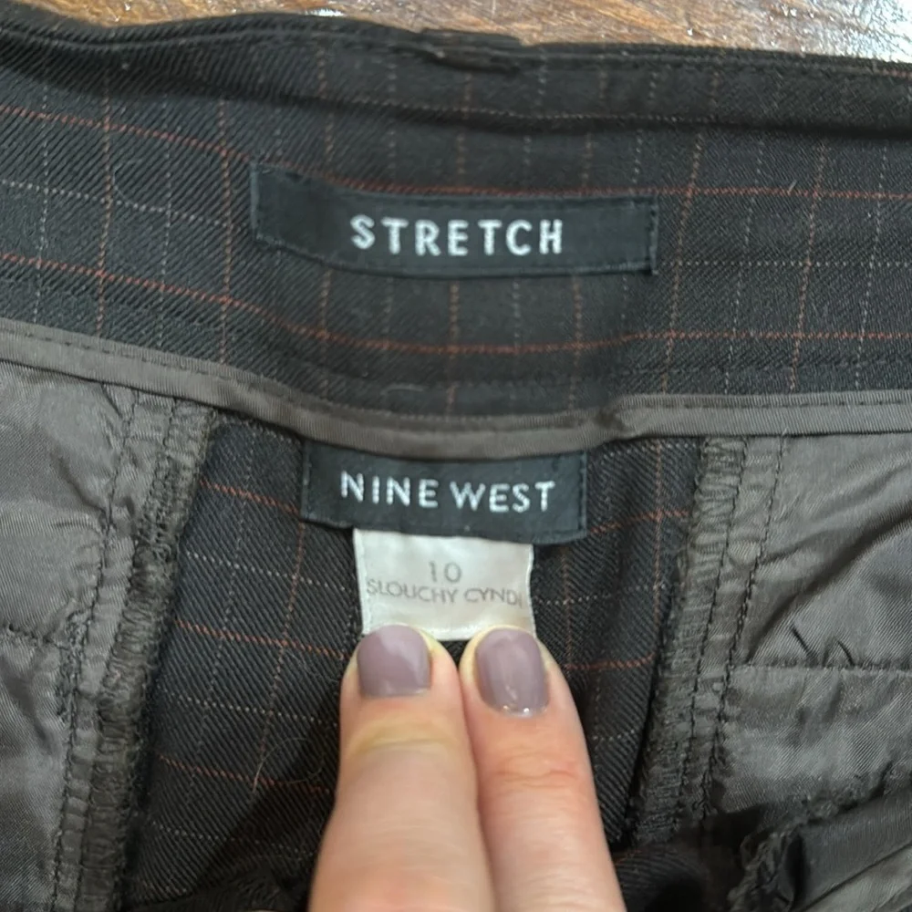 Nine West Slouchy Cyndi stretch brown box pattern office trousers pants size 10